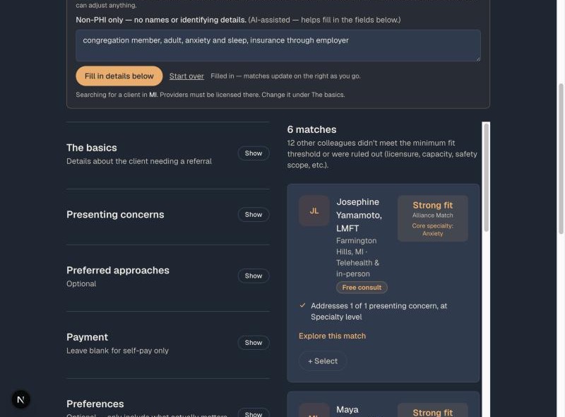 Organization search with a quick note filled in and a ranked result