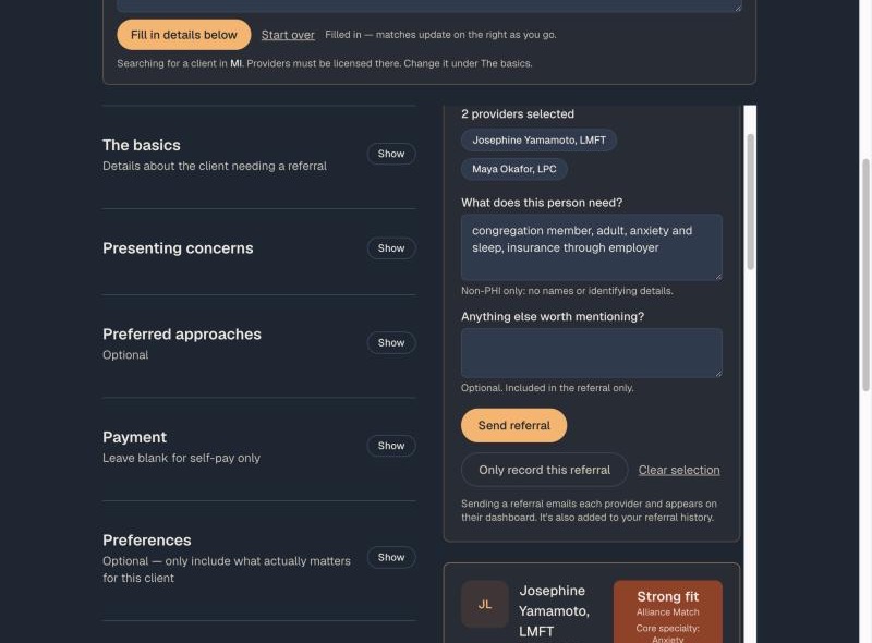 The send-referral panel with one provider selected