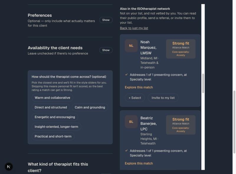 Wider-network results shown in their own section with Select and Invite to my list buttons