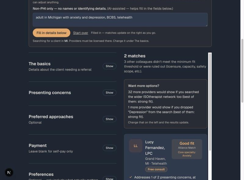 Search results for a demo practice, with fit labels and match reasons