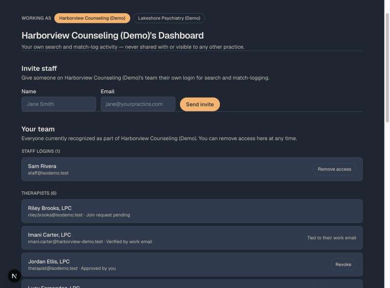 The team dashboard for a demo practice, showing the roster and invite staff section